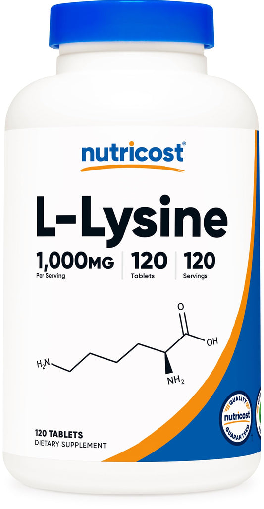 Nutricost L-Lysine 1000mg bottle on a table, convenient daily supplement for wellness.