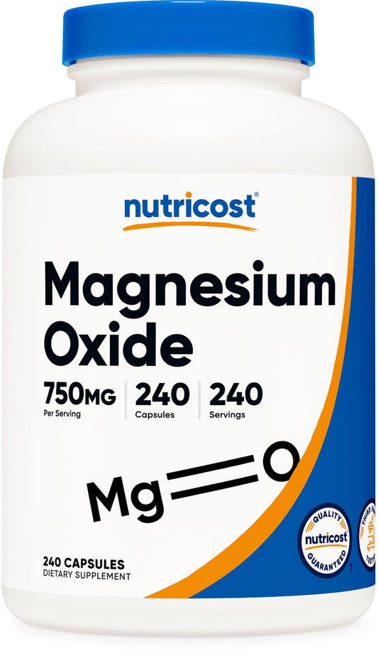 Nutricost Magnesium Oxide bottle with 240 capsules for daily magnesium support.