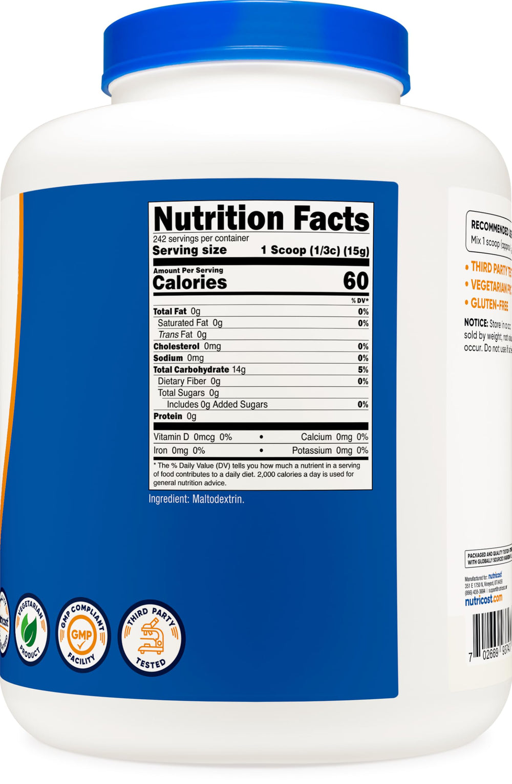 Nutricost etiqueta con certificaciones y beneficios de calidad