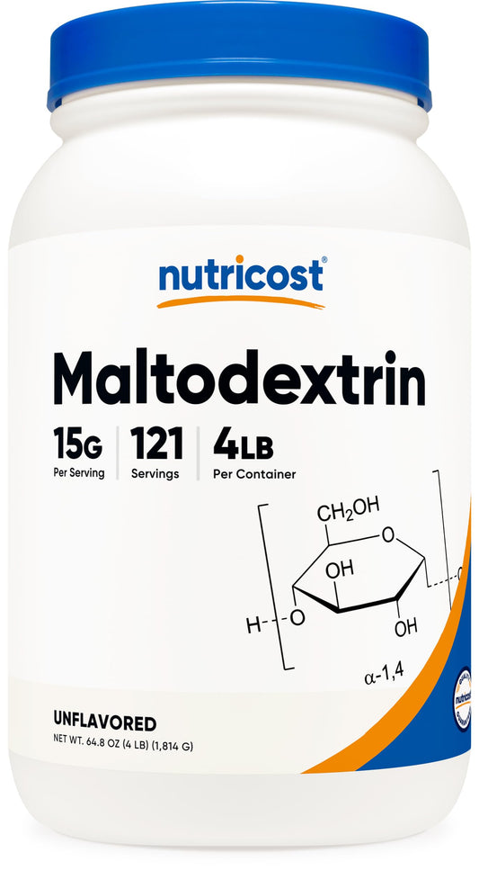 Nutricost Maltodextrin powder bag; gluten-free and non-GMO carbohydrate for energy support.