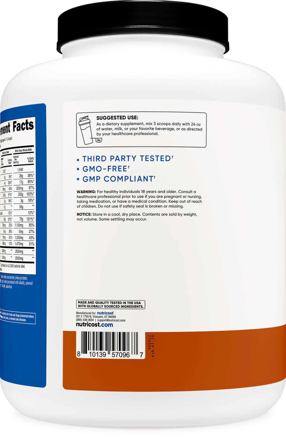 Comparación de tamaño del envase Nutricost 6.7 lb para entender porciones y valor