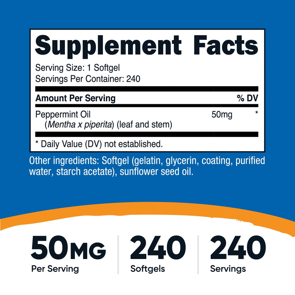 Nutricost Aceite de Menta en cápsulas, etiqueta GMP y pruebas independientes para mayor confianza.