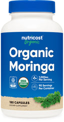 Nutricost moringa frente del empaque muestra cantidad y beneficio de suministro prolongado