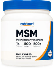 Nutricost envase frontal del polvo MSM mostrando cantidad y marca