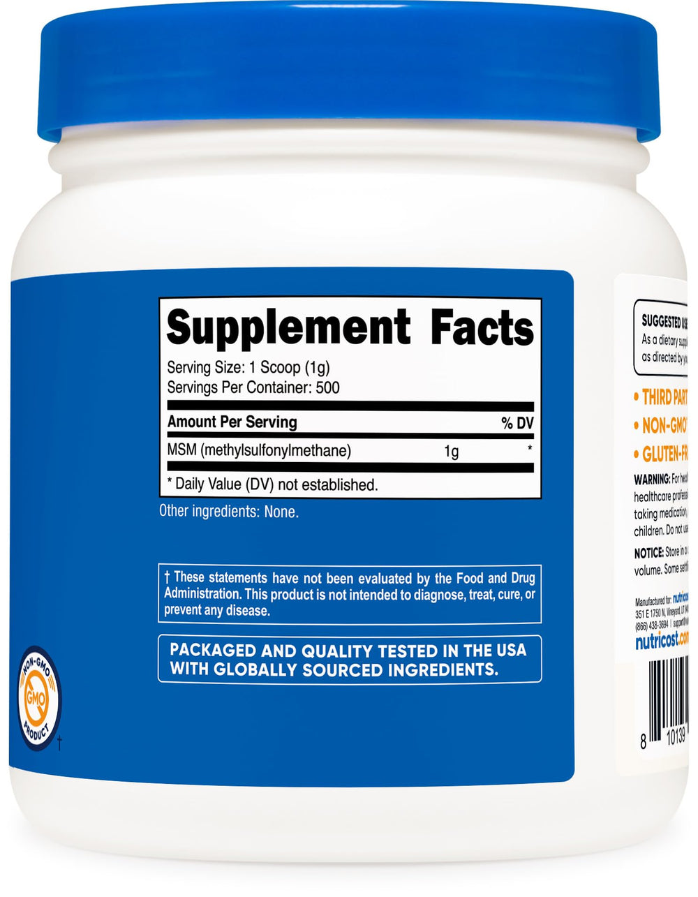 Nutricost MSM powder packaging shows GMP facility and FDA registration