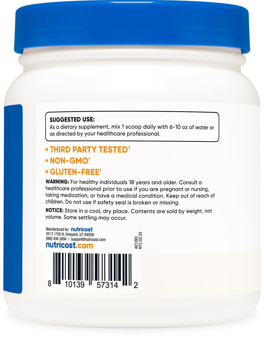 Nutricost MSM powder lab-tested seal indicates purity and quality