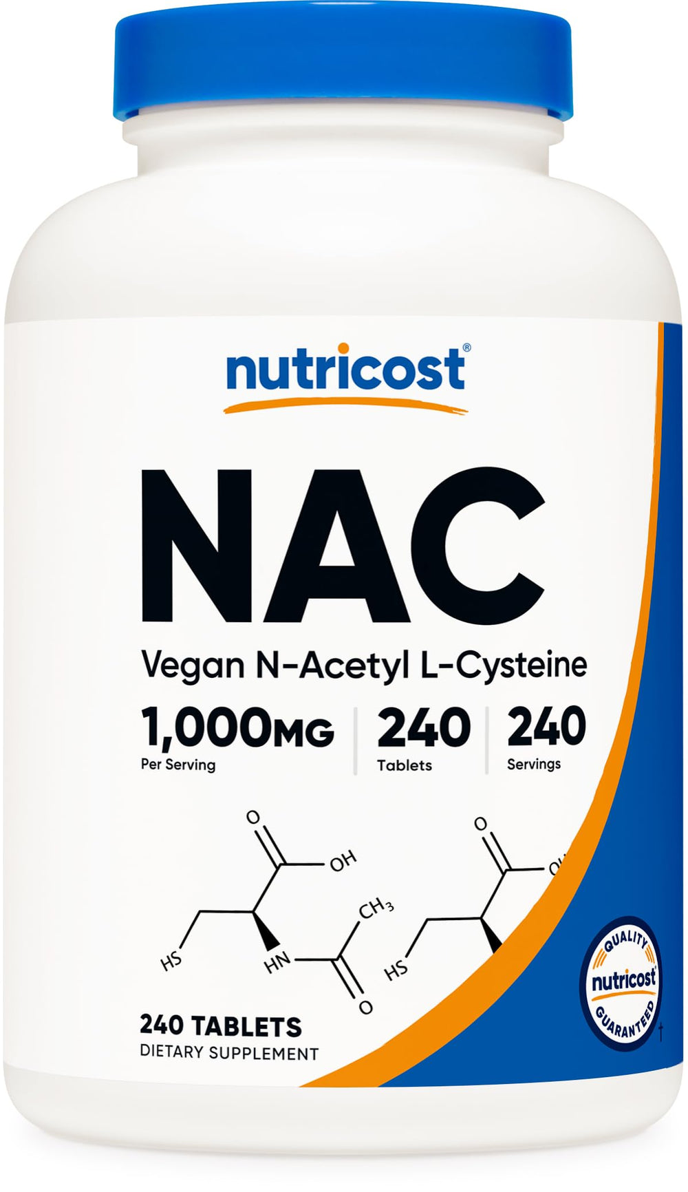 Nutricost frasco NAC 1000 mg frente mostrando el tamaño del envase y duración
