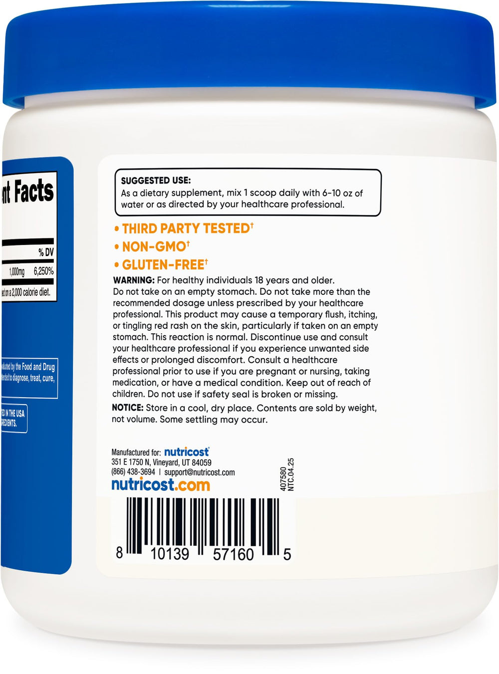 Nutricost niacin etiqueta con información nutricional y advertencia sobre el flush