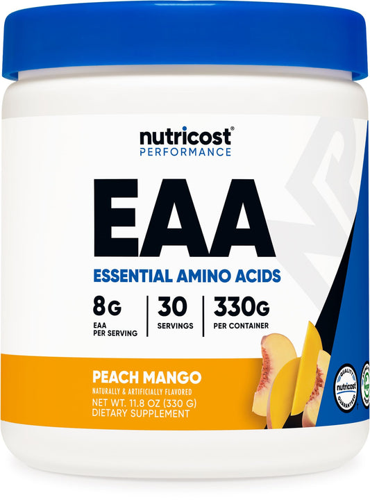 Nutricost envase frontal Peach Mango mostrando la marca y formato, ideal para elegir producto