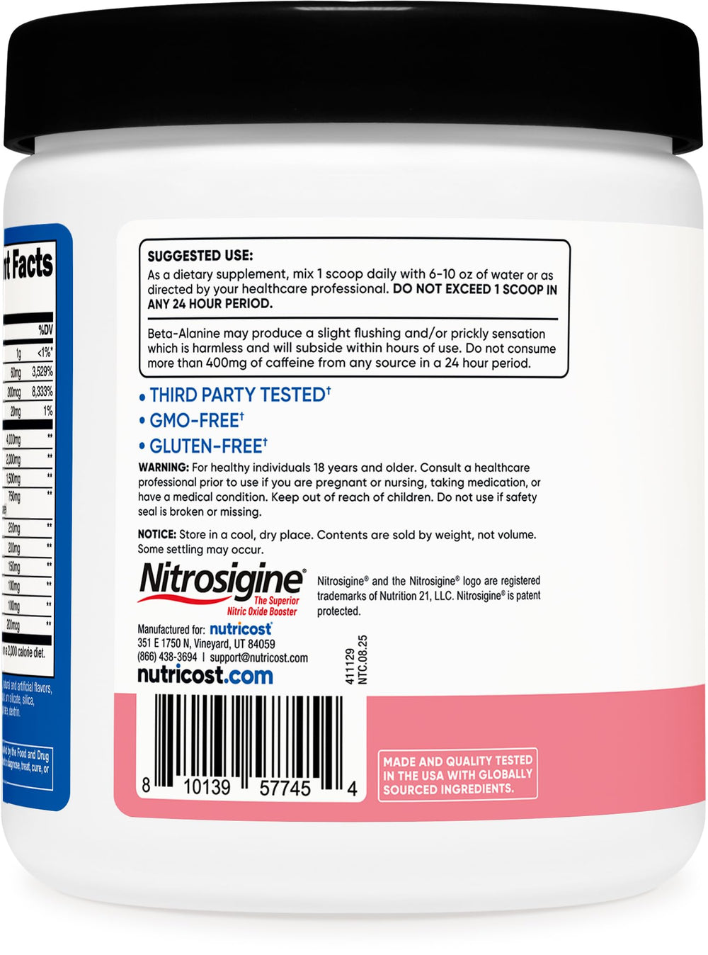 Nutricost envase comparado con mano para mostrar tamaño y duración del producto