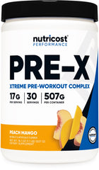 Nutricost frasco Pre-X Extreme frente mostrando diseño y sabor durazno mango para decisión rápida