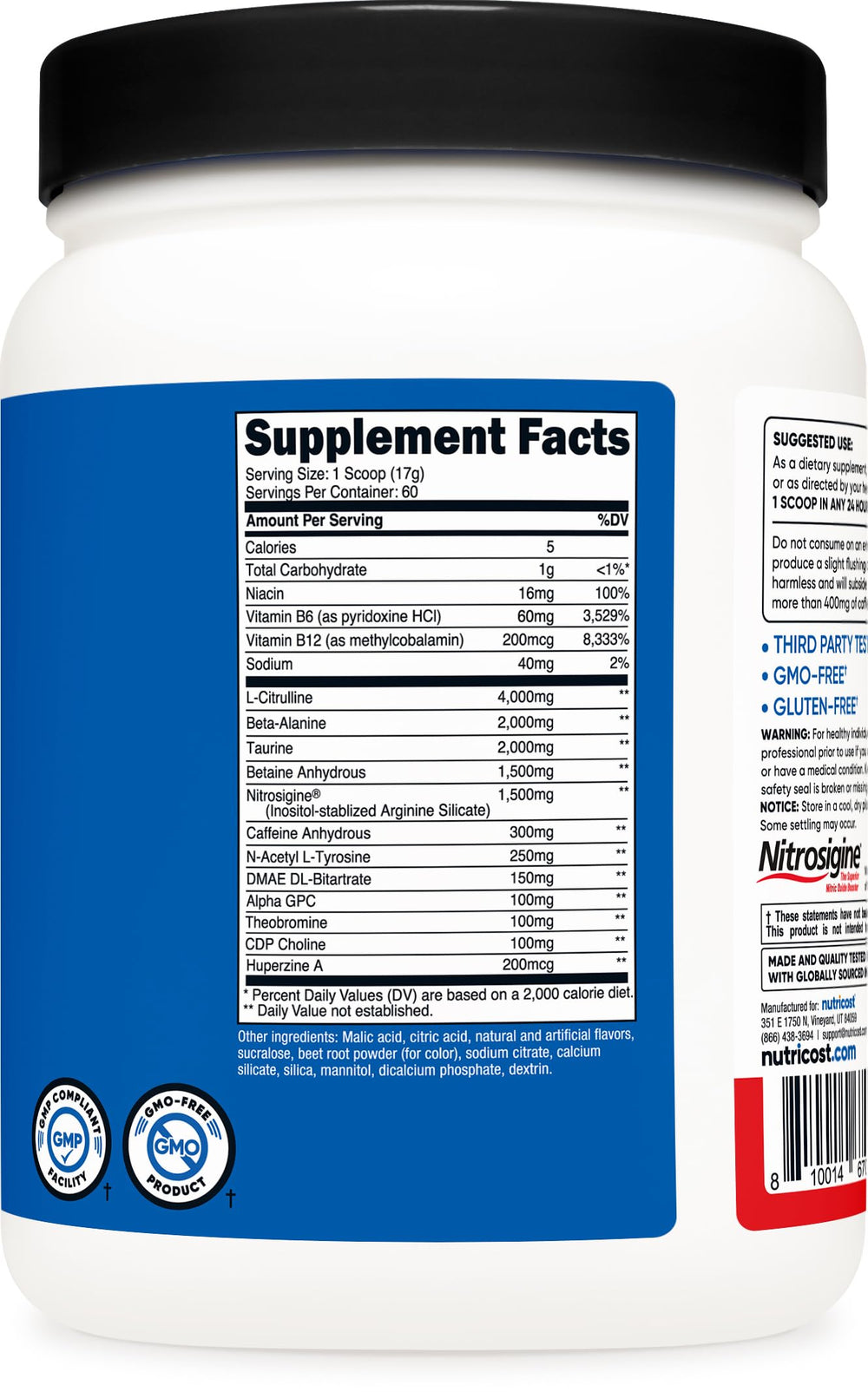 Nutricost etiqueta de ingredientes mostrando fórmula y vitaminas B