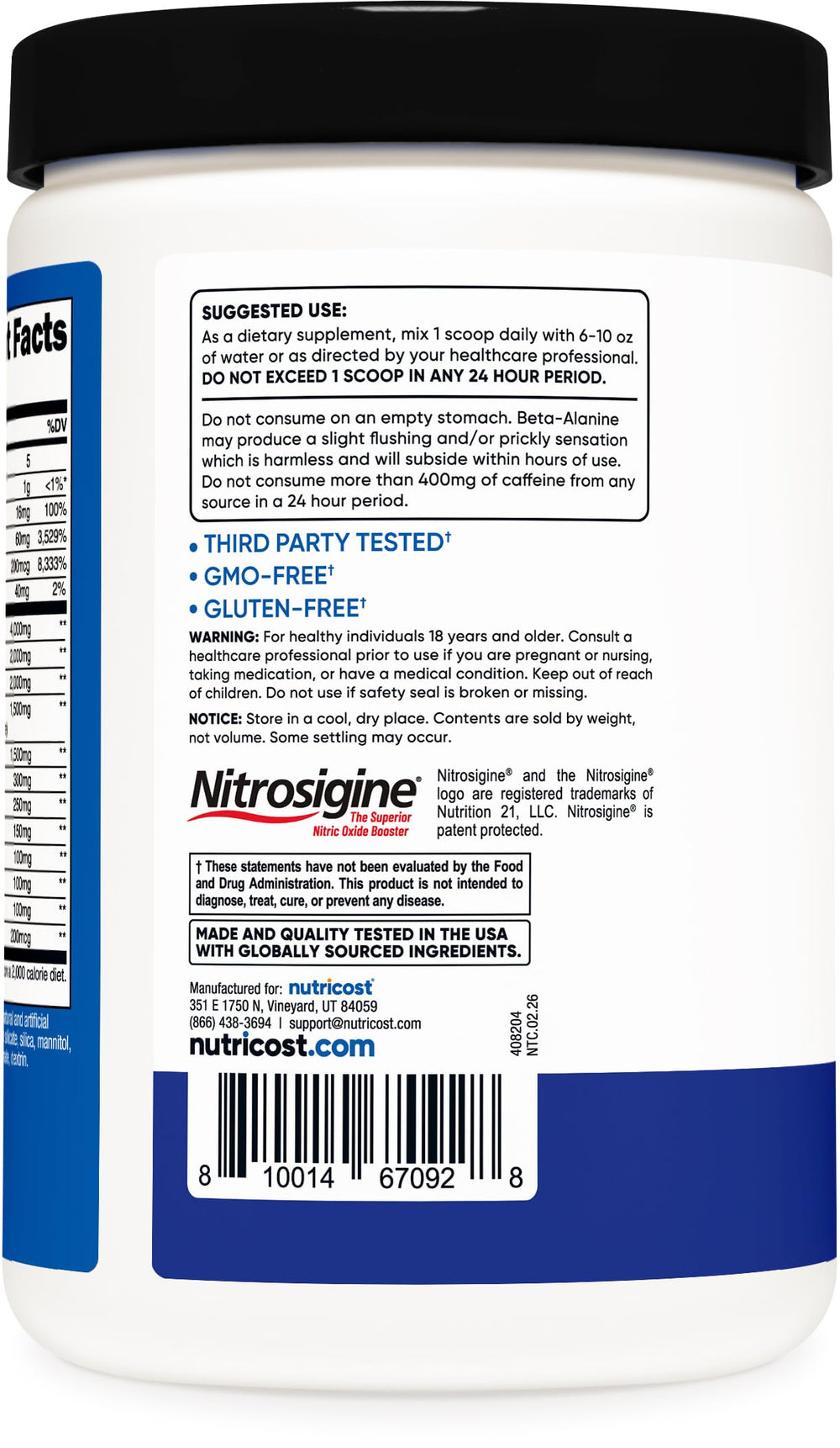 Nutricost Pre-X Xtreme etiqueta con lista de ingredientes y vitaminas para transparencia