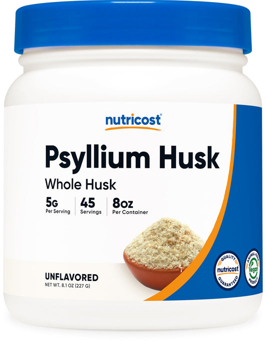 Nutricost Psyllium Whole Husk Flakes bottle; gluten-free fiber source for daily meals.