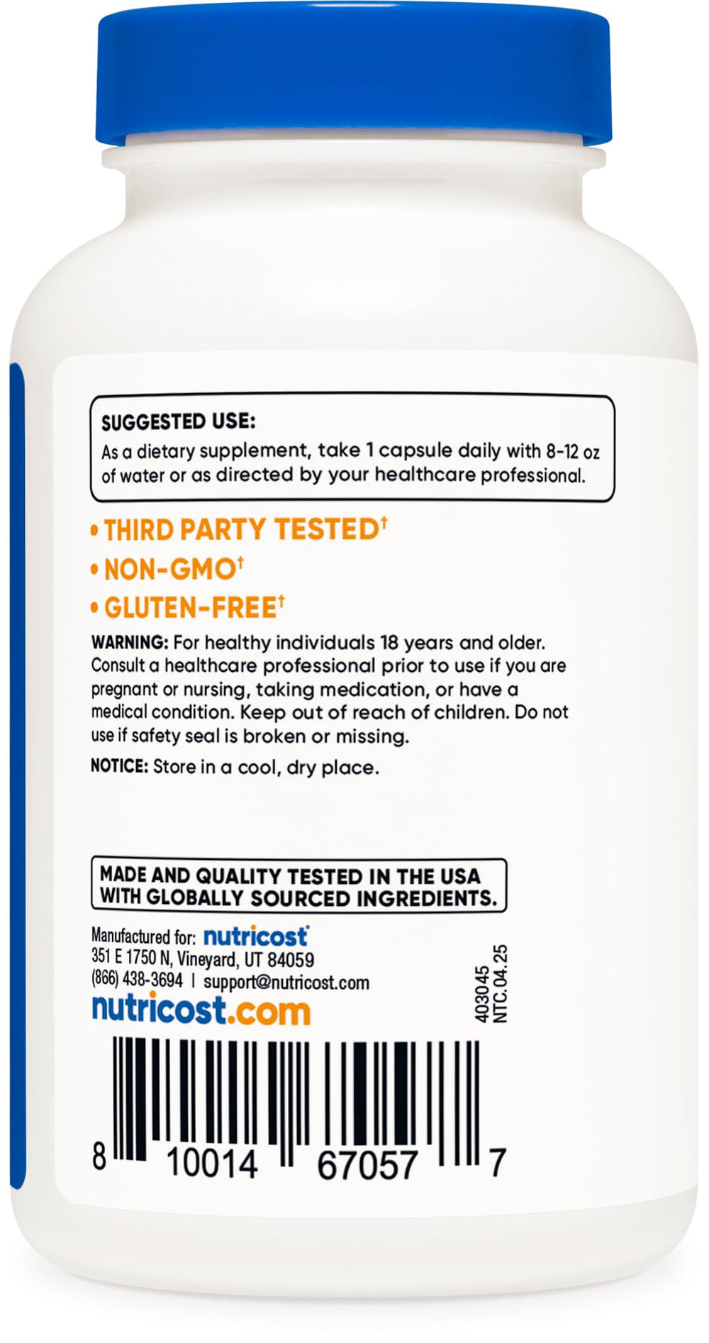 Nutricost sello sin gluten y sin OGM, garantía de pureza.