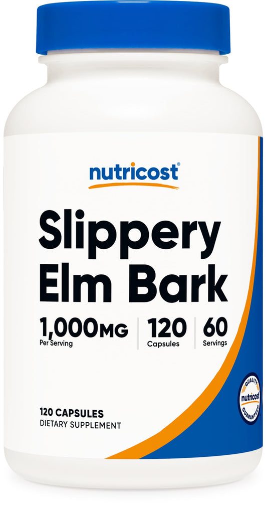 Nutricost slippery elm bark capsules bottle shows high potency per serving.