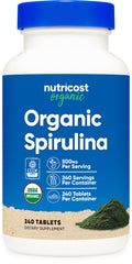 Nutricost spirulina frasco frontal mostrando cantidad y sello orgánico