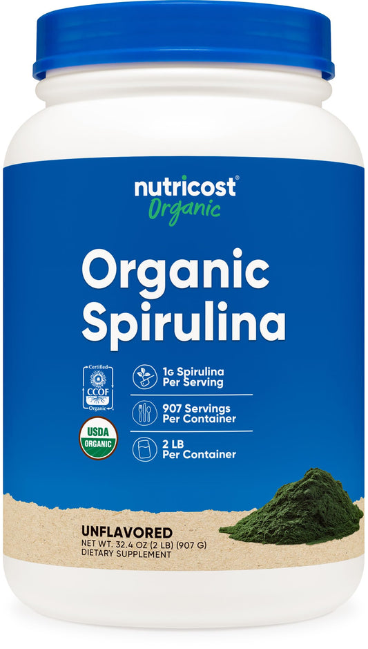 Nutricost spirulina orgánica vista frontal del envase con etiqueta clara y beneficios