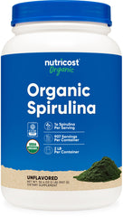 Nutricost spirulina orgánica vista frontal del envase con etiqueta clara y beneficios