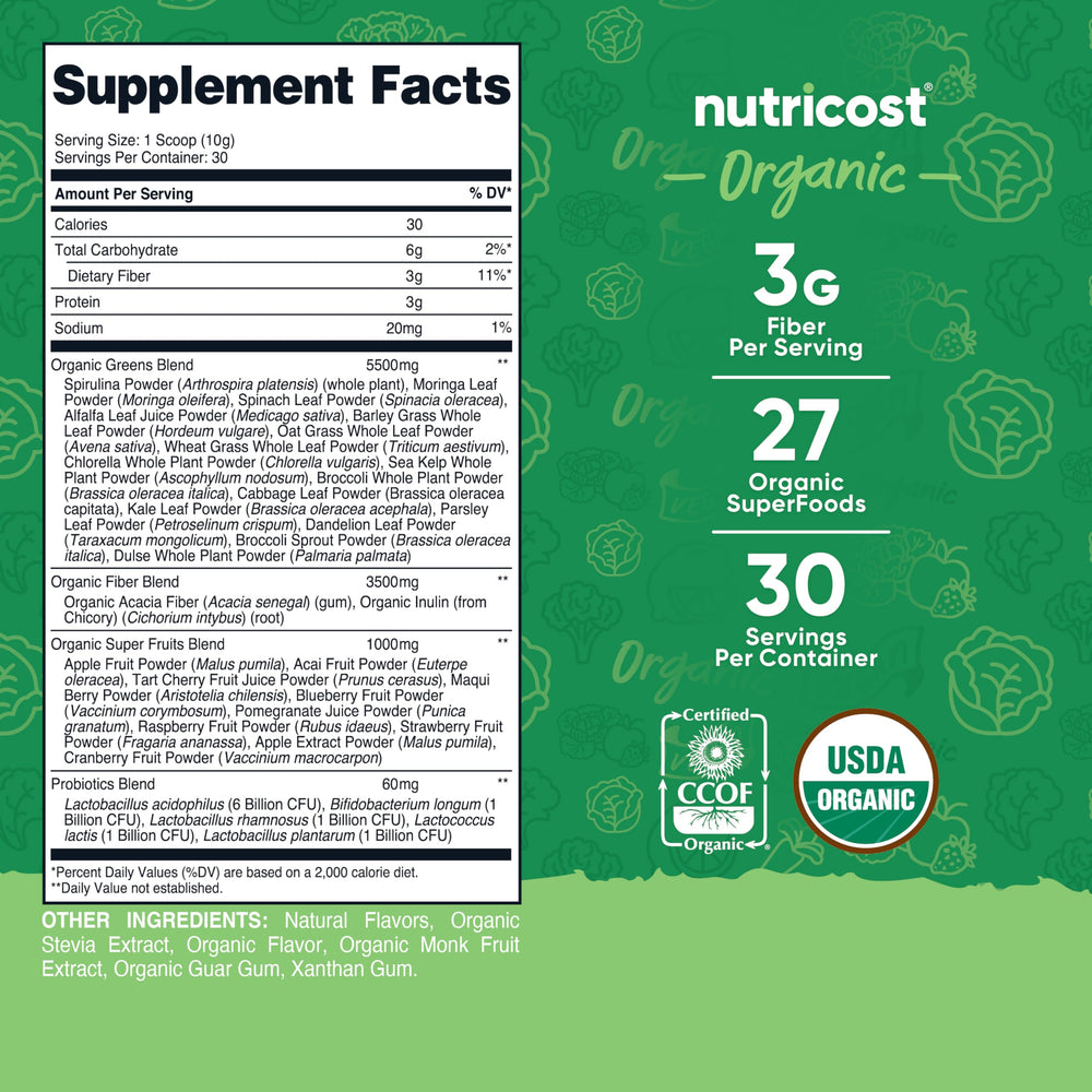 Polvo verde de Nutricost mostrando textura fina y mezcla homogénea
