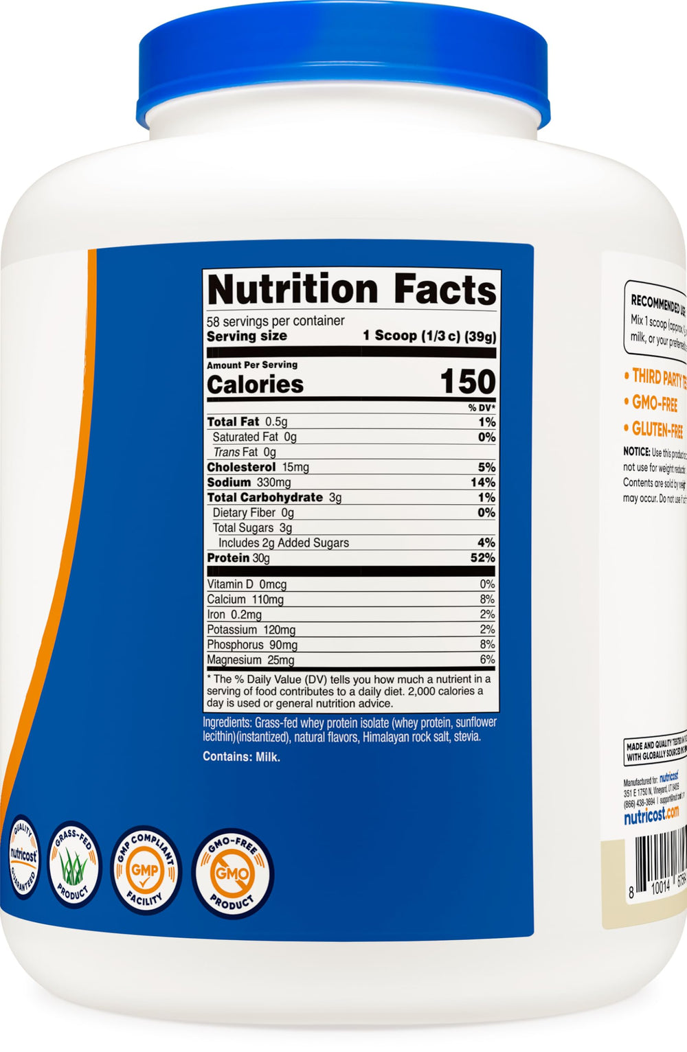 Comparación de tamaño del envase Nutricost 5LBS junto a objetos cotidianos, indica duración y porciones