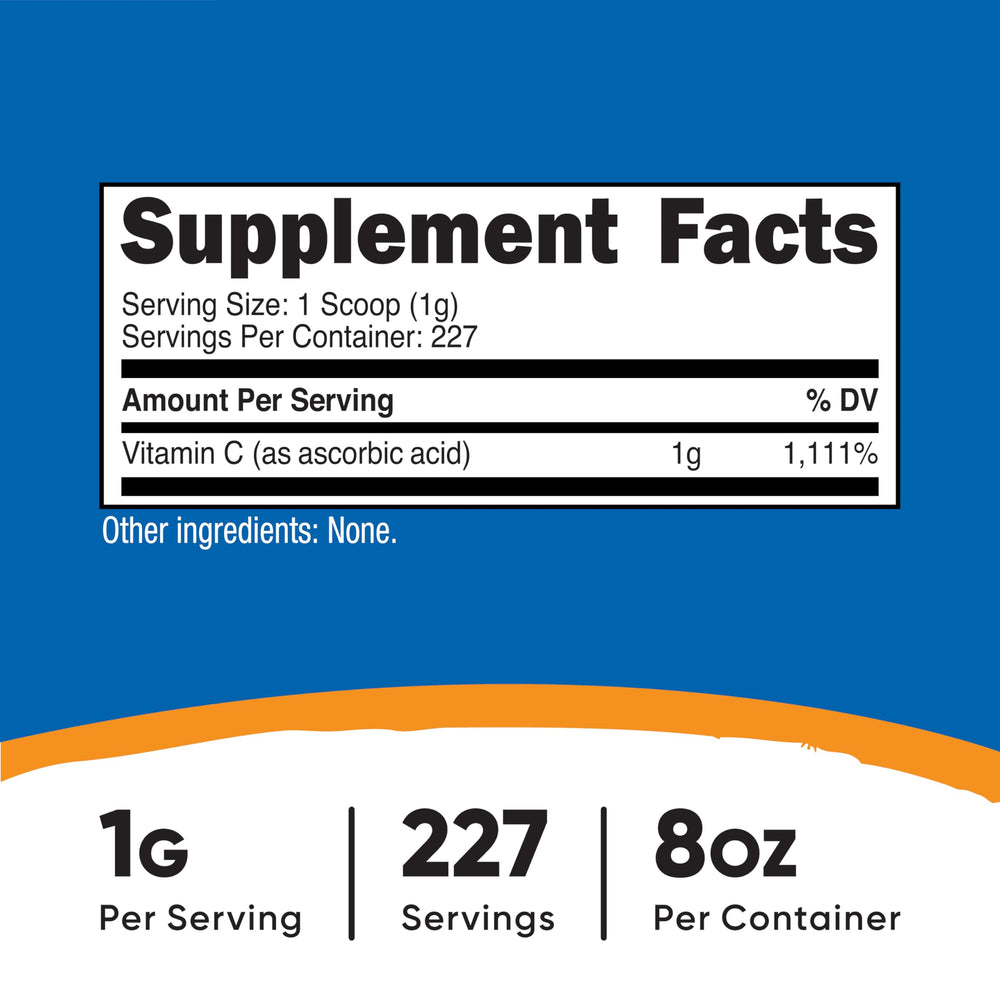 Nutricost detalle de la textura del polvo de vitamina C, apariencia fina y pura
