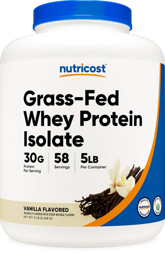Nutricost frasco frontal de Grass-Fed Whey Vainilla mostrando envase y marca, claridad en ingredientes