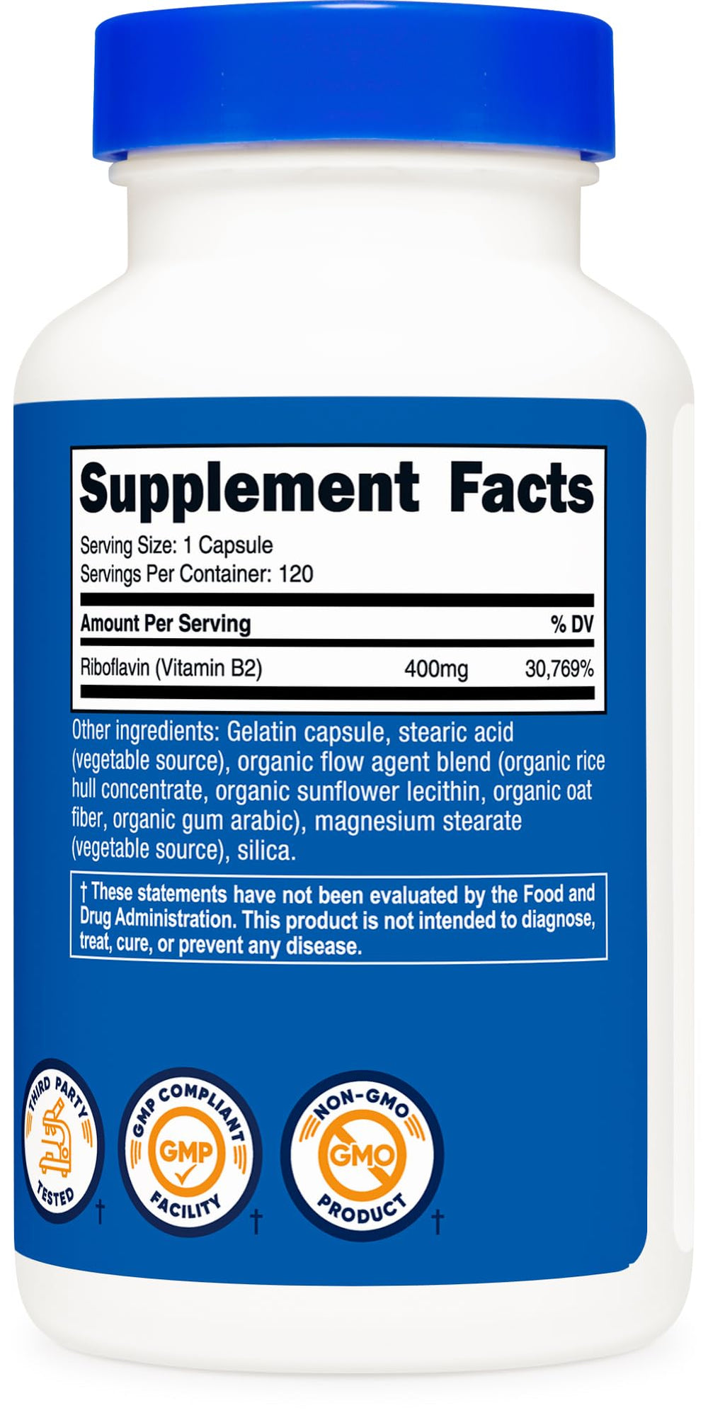 Nutricost etiqueta con información de 400 mg por cápsula y certificaciones