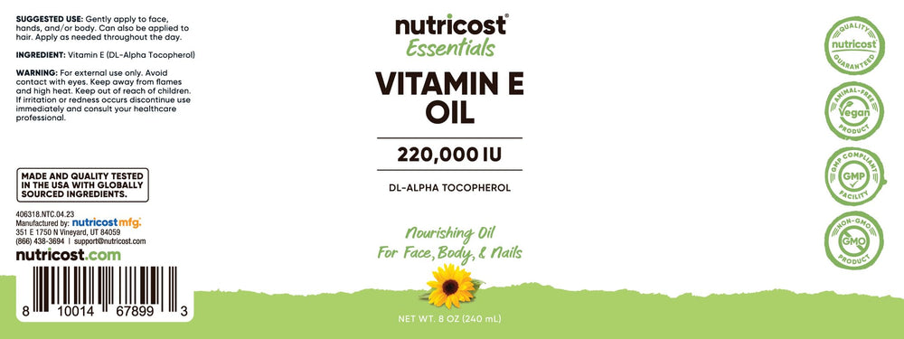 Nutricost Aceite de Vitamina E, aplicación en piel para brillo natural.