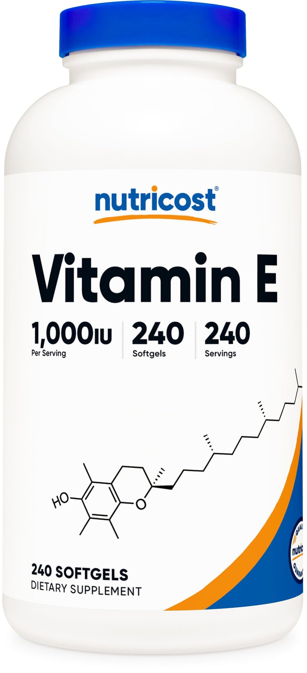 Nutricost frasco frontal de vitamina E 240 softgels mostrando presentación y marca, cómodo para almacenamiento