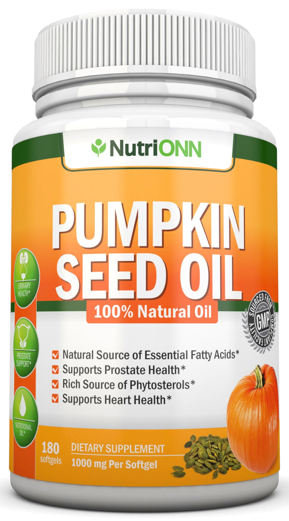NutriONN envase frontal de aceite de semilla de calabaza mostrando 180 cápsulas y beneficios