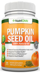 NutriONN envase frontal de aceite de semilla de calabaza mostrando 180 cápsulas y beneficios