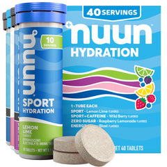 Nuun frente del paquete completo mostrando tubos y sabores, hidratación portátil
