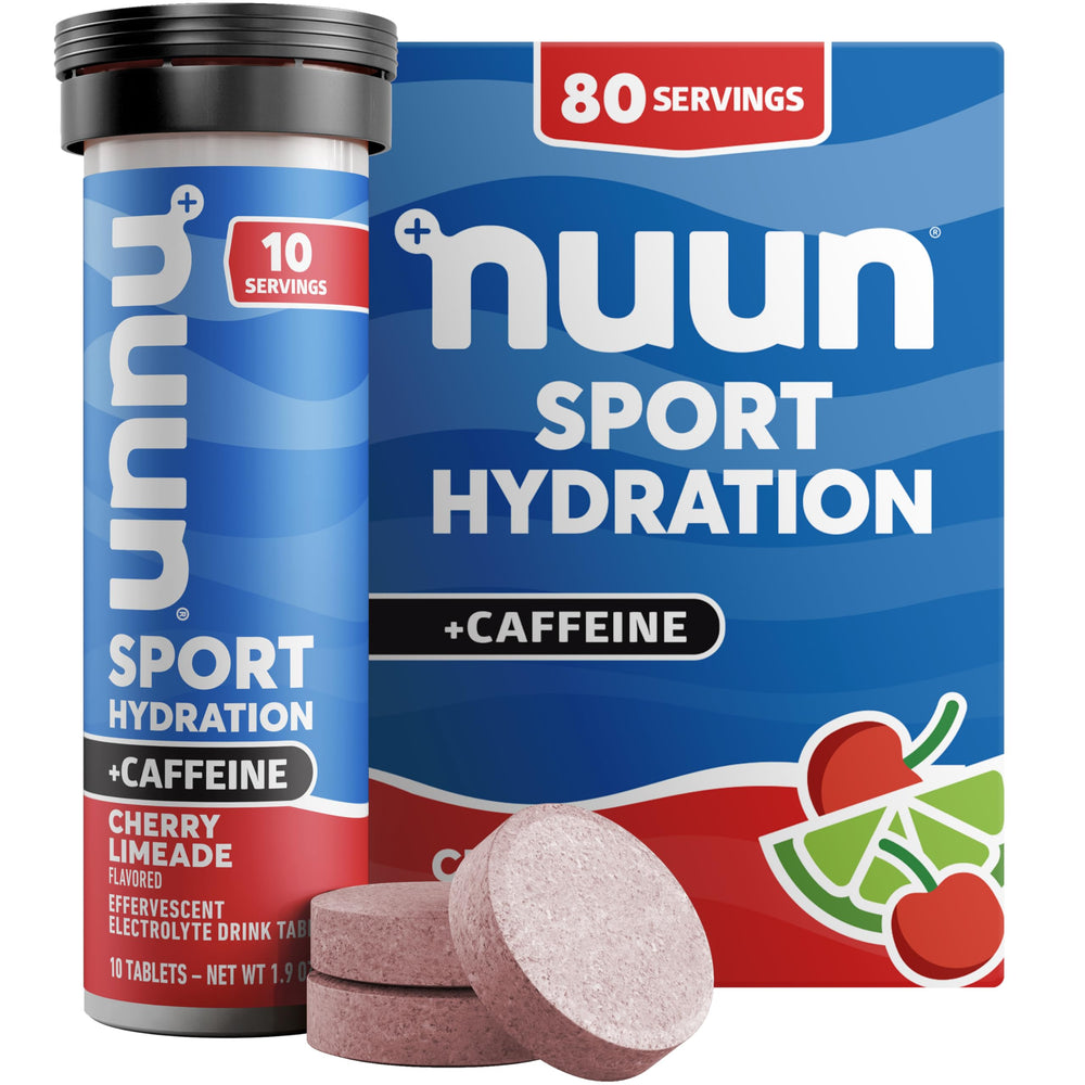 Nuun tubo frontal Cherry Limeade mostrando empaquetado y fácil transporte
