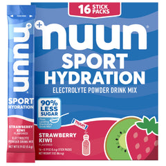 Nuun frente del empaque mostrando 16 sobres, conveniente para llevar