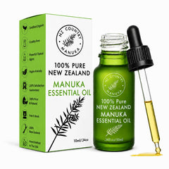 NZ Country Manuka botella frontal que muestra aceite puro y envase elegante
