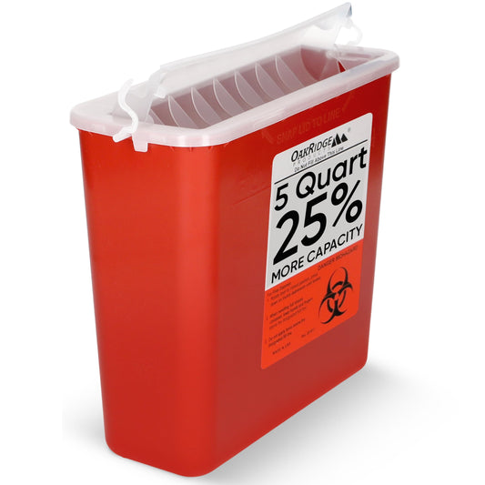 Oakridge Products frente del contenedor 5 quart mostrando etiqueta y tamaño, seguridad clara