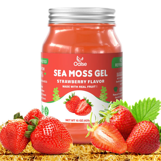 Frasco de OALSE Sea Moss Gel para uso diario y beneficios nutritivos.