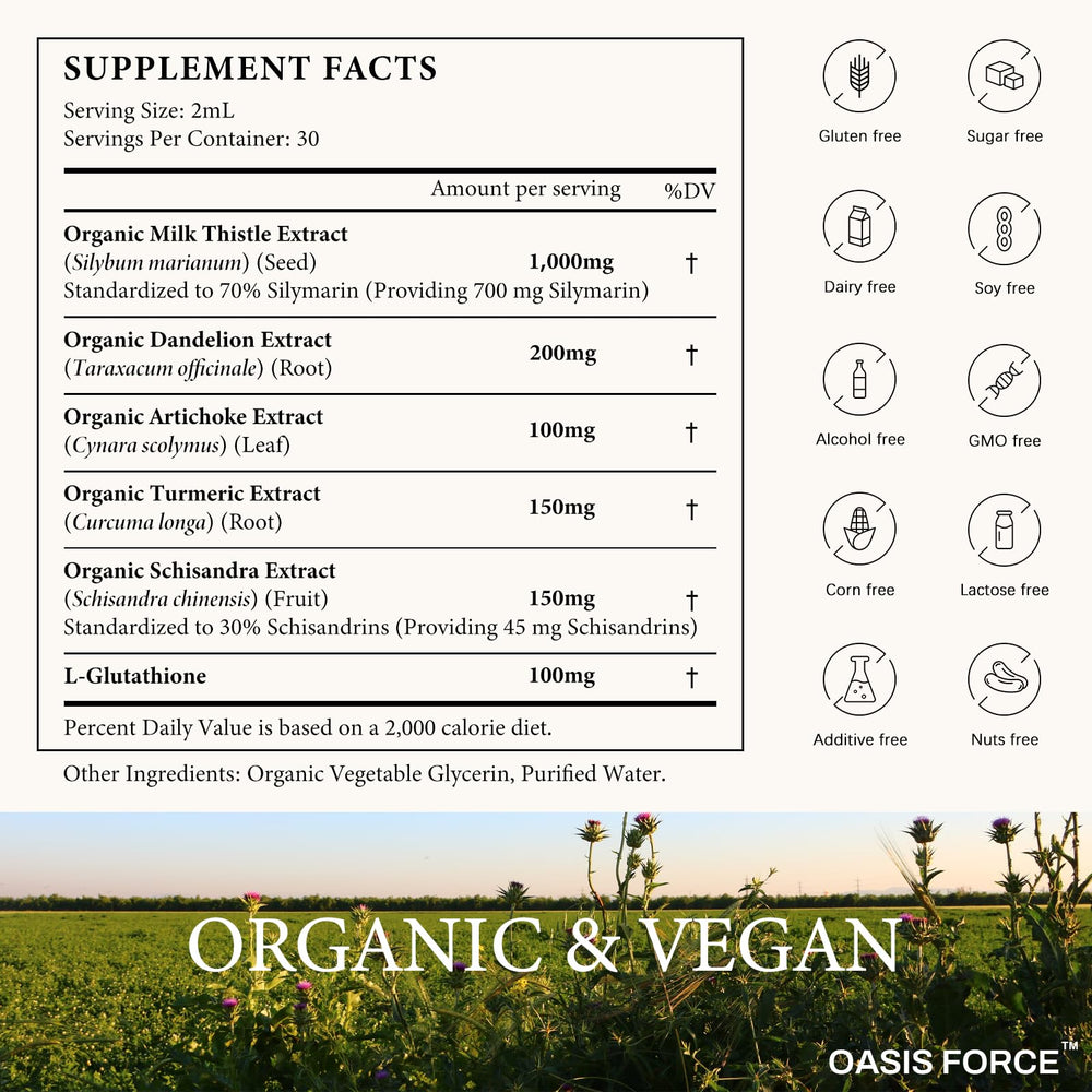 OASIS FORCE botella junto a cardo mariano y diente de león para evidenciar origen vegetal