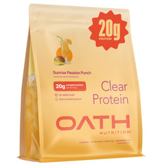 Oath Nutrition envase frontal mostrando sabor Sunrise Passion Punch y beneficio refrescante