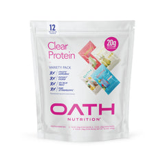 Oath Nutrition vista frontal del paquete variedad mostrando 12 sabores y conveniencia