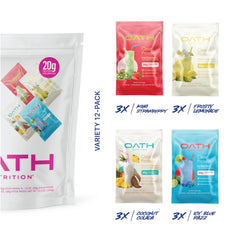 Oath Nutrition scoop sobre balanza mostrando 20 g de proteína por porción y precisión