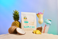 Oath Nutrition scoop con una porción junto a la bolsa indicando 20 g de proteína