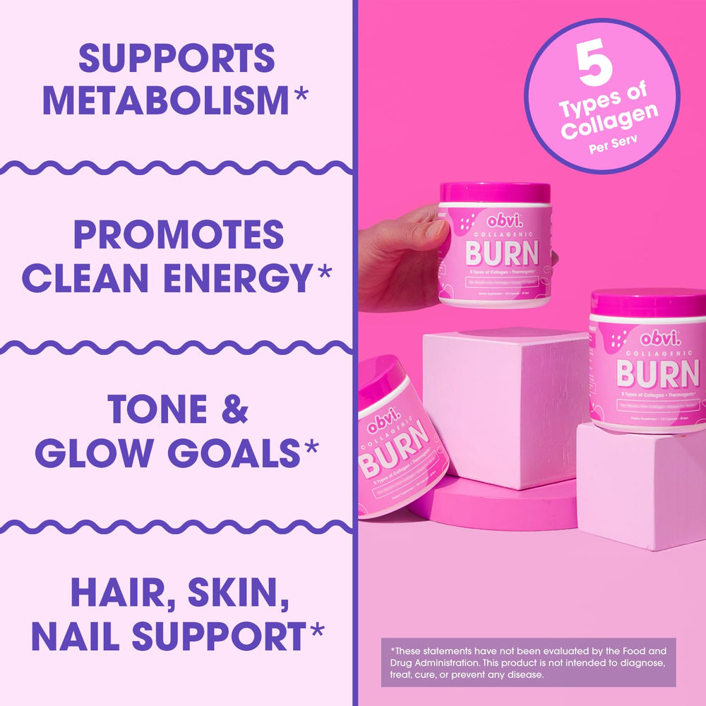 Obvi Collagenic Burn: cápsulas visibles en un vaso.