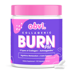 Obvi Collagenic Burn PM, botella para uso nocturno que favorece el bienestar.