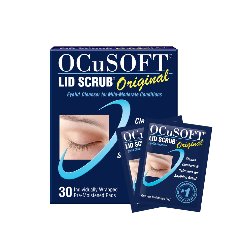 OCuSOFT empaque frontal mostrando caja de 30 toallitas para limpieza ocular, transporte cómodo