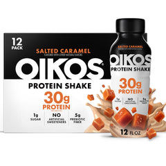 Oikos botella frontal Salted Caramel mostrando etiqueta y beneficio proteico