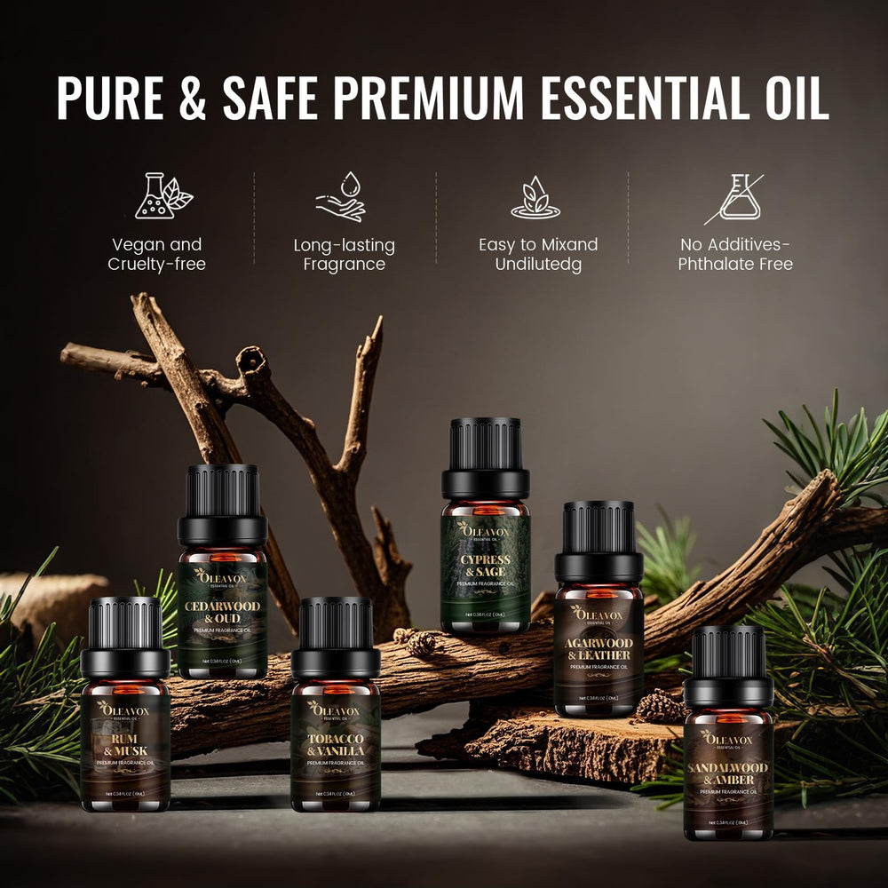 OleaVox Agarwood & Leather etiqueta visible para elección fácil