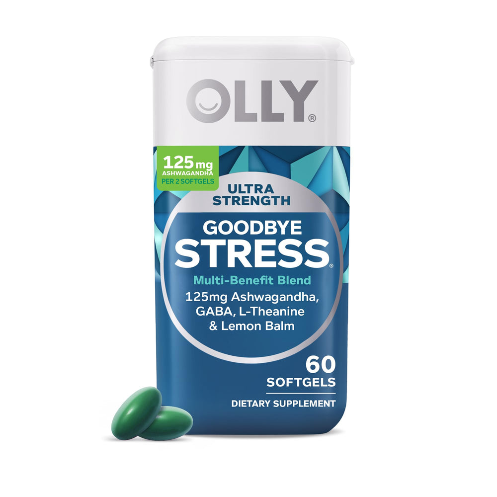 Botella OLLY Goodbye Stress frontal mostrando 60 softgels y beneficio de calma