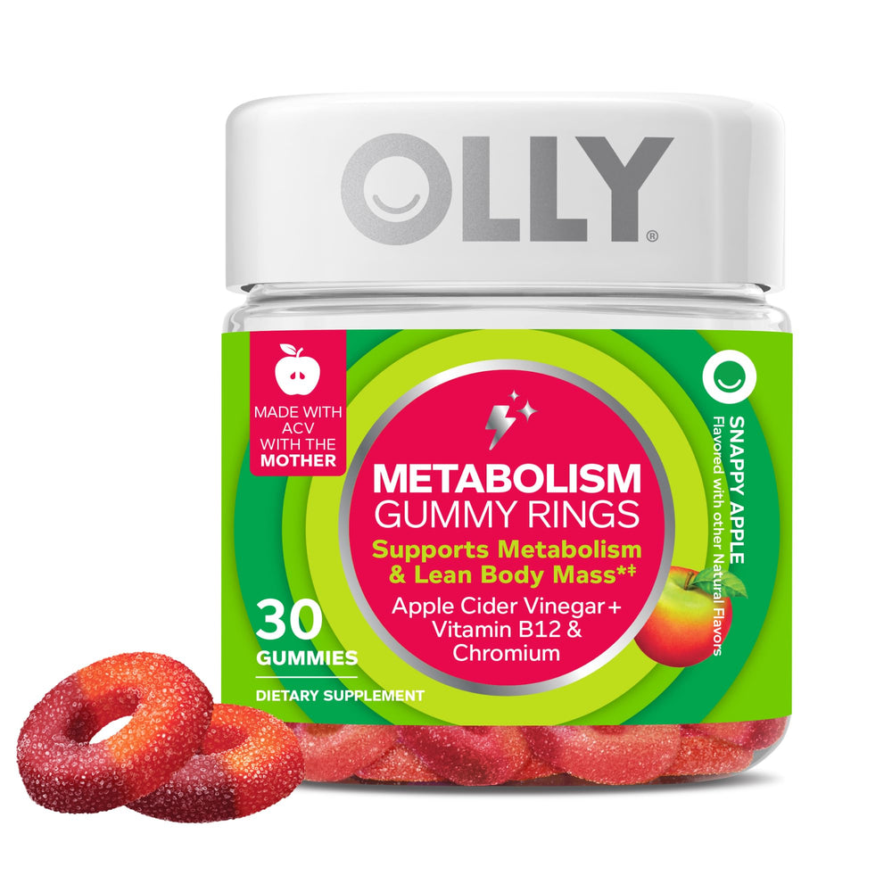 Envase frontal de OLLY Metabolism Gummy Rings mostrando la marca y beneficios